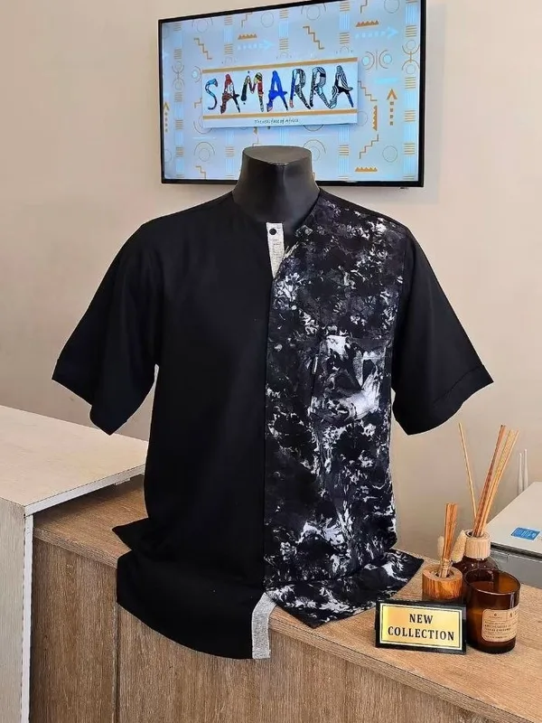 Chemise noire à demi-pan marbré, sur buste