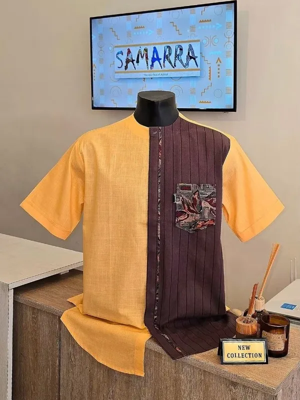 Chemise jaune et prune, poche brodée