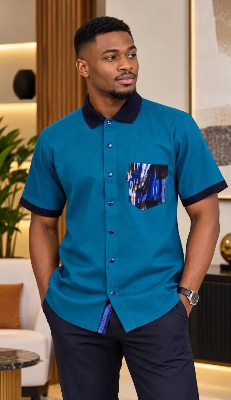 Chemise bleu pétrole, col marine, poche en wax